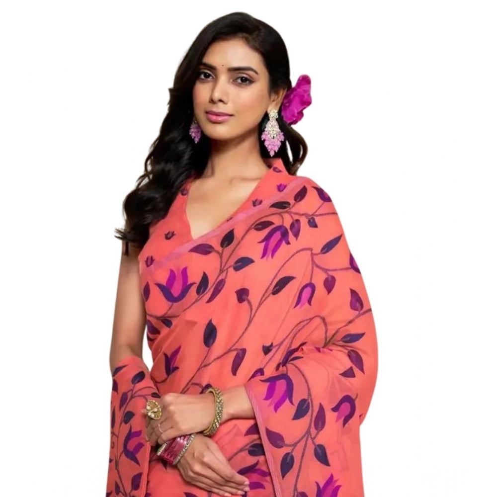 Amfyn Women's Georgette Printed Saree With Unstitched Blouse 5.5Mtr (Peach)