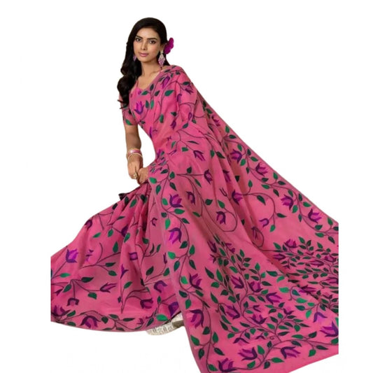 Amfyn Women's Georgette Printed Saree With Unstitched Blouse 5.5Mtr (Pink)