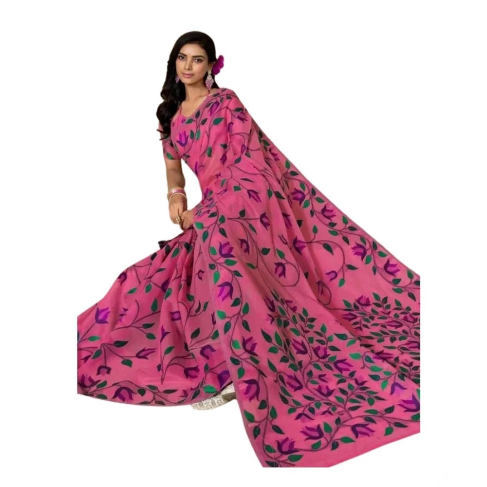 Amfyn Women's Georgette Printed Saree With Unstitched Blouse 5.5Mtr (Pink)