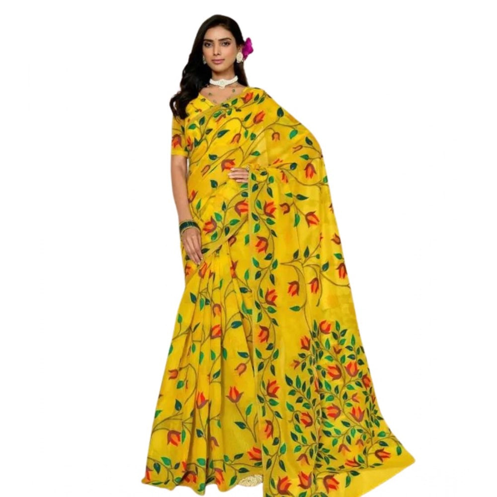 Amfyn Women's Georgette Printed Saree With Unstitched Blouse 5.5Mtr (Yellow)