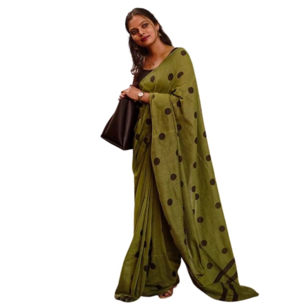 Amfyn Women's Linen Printed Saree With Unstitched Blouse 5.5Mtr (Green)