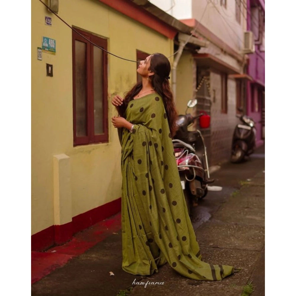 Amfyn Women's Linen Printed Saree With Unstitched Blouse 5.5Mtr (Green)