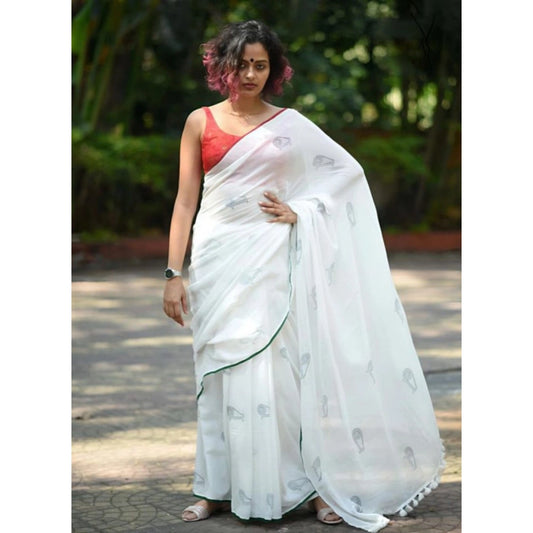 Amfyn Women's Linen Printed Saree With Unstitched Blouse 5.5Mtr (White)