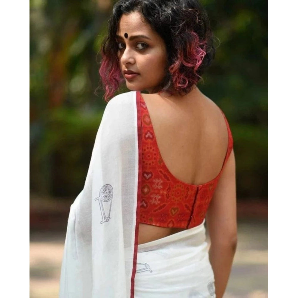 Amfyn Women's Linen Printed Saree With Unstitched Blouse 5.5Mtr (White)