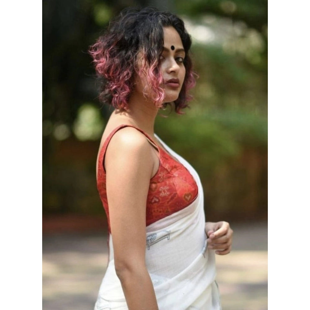 Amfyn Women's Linen Printed Saree With Unstitched Blouse 5.5Mtr (White)