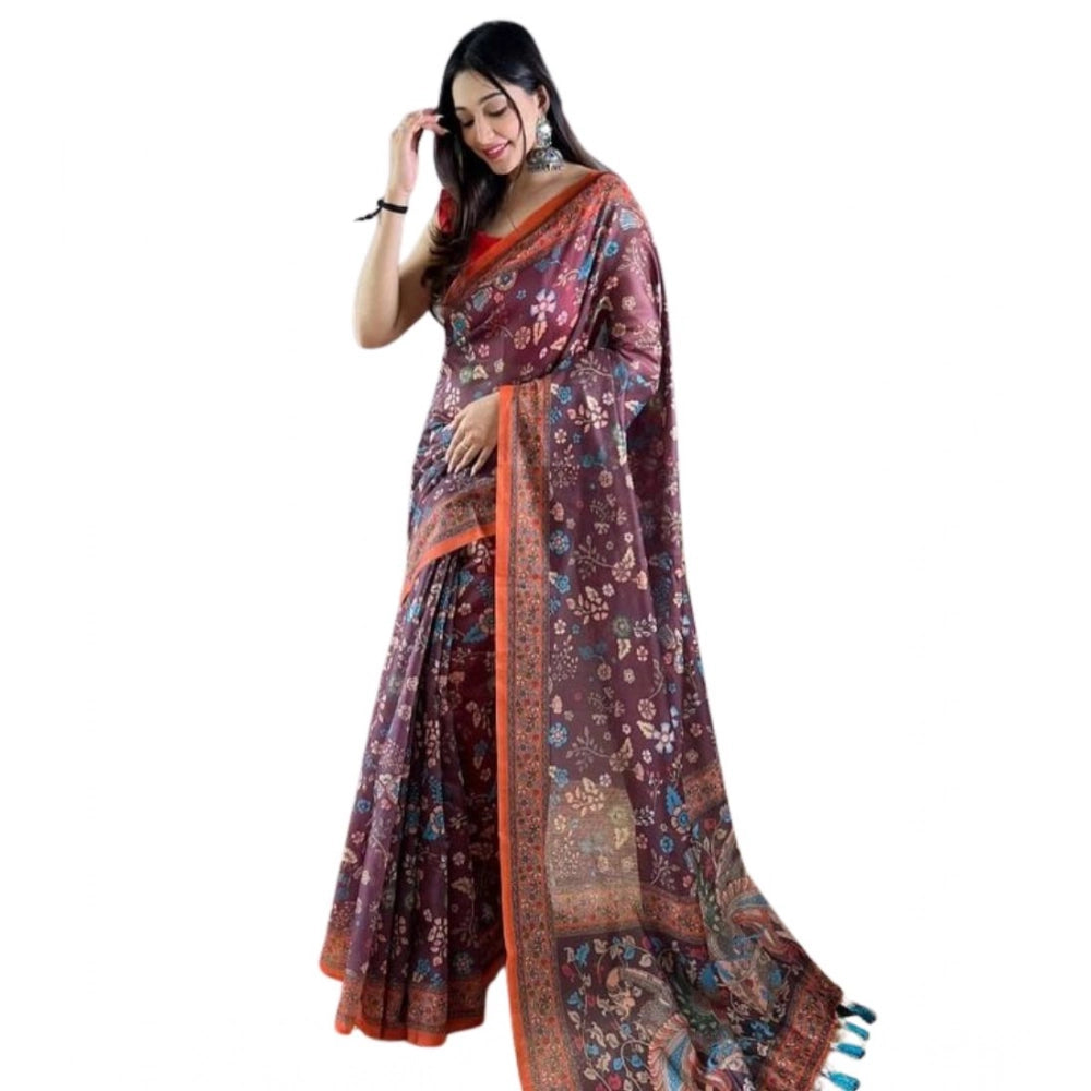 Amfyn Women's Linen Printed Saree With Unstitched Blouse 5.5Mtr (Brown)