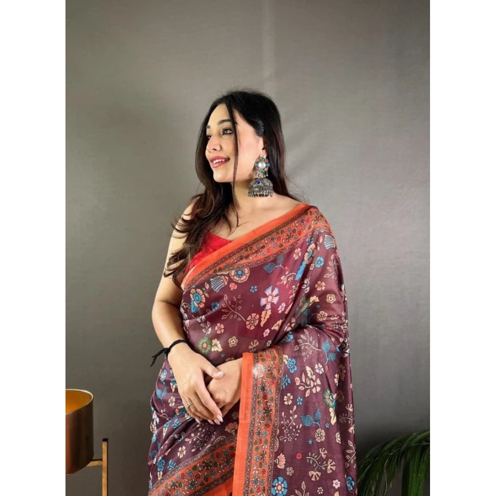 Amfyn Women's Linen Printed Saree With Unstitched Blouse 5.5Mtr (Brown)
