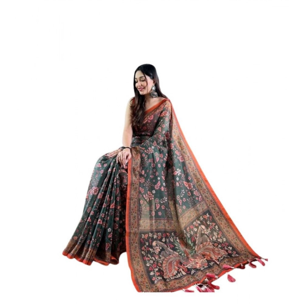 Amfyn Women's Linen Printed Saree With Unstitched Blouse 5.5Mtr (Green)