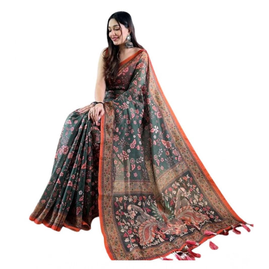 Amfyn Women's Linen Printed Saree With Unstitched Blouse 5.5Mtr (Green)