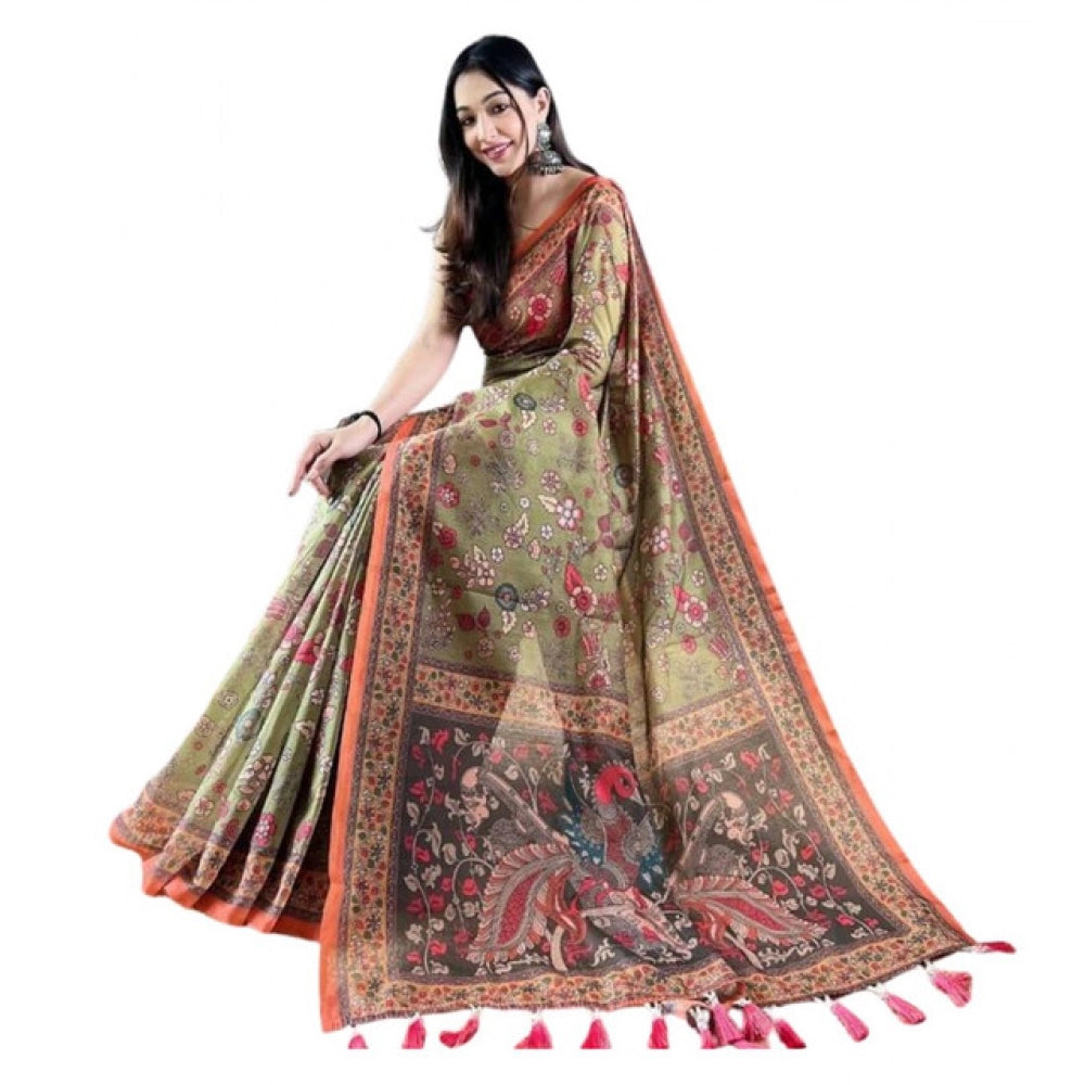 Amfyn Women's Linen Printed Saree With Unstitched Blouse 5.5Mtr (Sea Green)