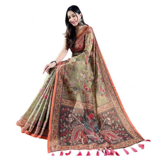 Amfyn Women's Linen Printed Saree With Unstitched Blouse 5.5Mtr (Sea Green)