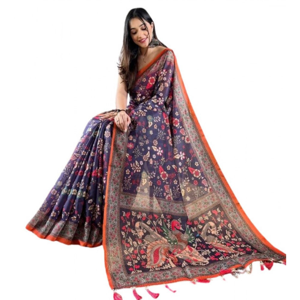 Amfyn Women's Linen Printed Saree With Unstitched Blouse 5.5Mtr (Blue)