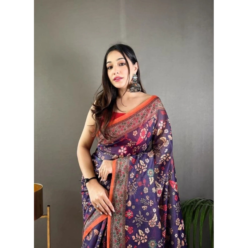 Amfyn Women's Linen Printed Saree With Unstitched Blouse 5.5Mtr (Blue)