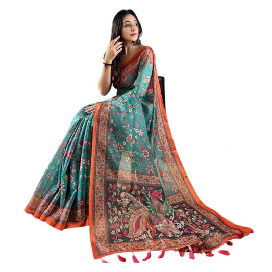 Amfyn Women's Linen Printed Saree With Unstitched Blouse 5.5Mtr (Olive)