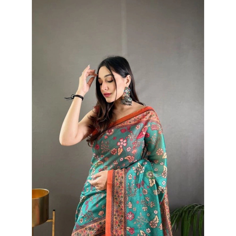 Amfyn Women's Linen Printed Saree With Unstitched Blouse 5.5Mtr (Olive)