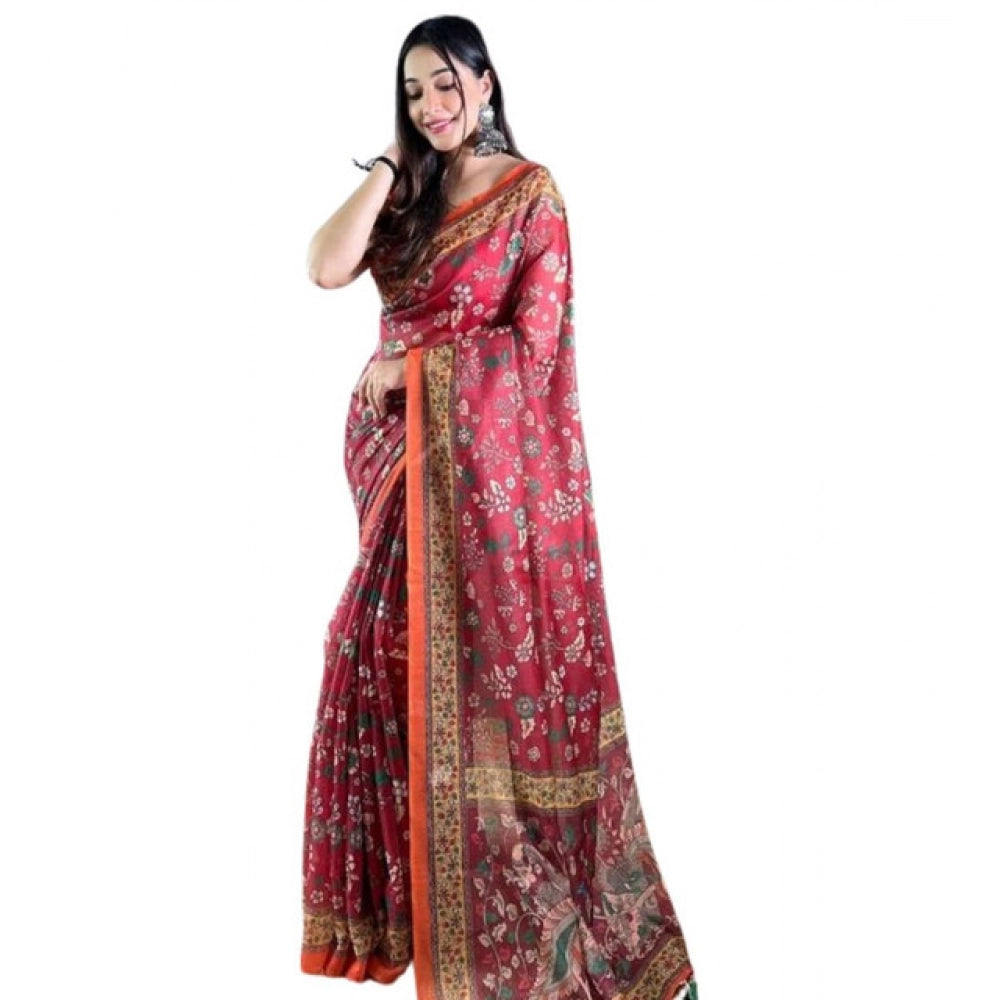 Amfyn Women's Linen Printed Saree With Unstitched Blouse 5.5Mtr (Red)