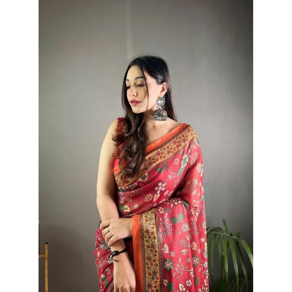 Amfyn Women's Linen Printed Saree With Unstitched Blouse 5.5Mtr (Red)