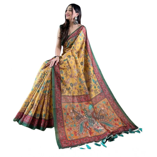 Amfyn Women's Linen Printed Saree With Unstitched Blouse 5.5Mtr (Yellow)