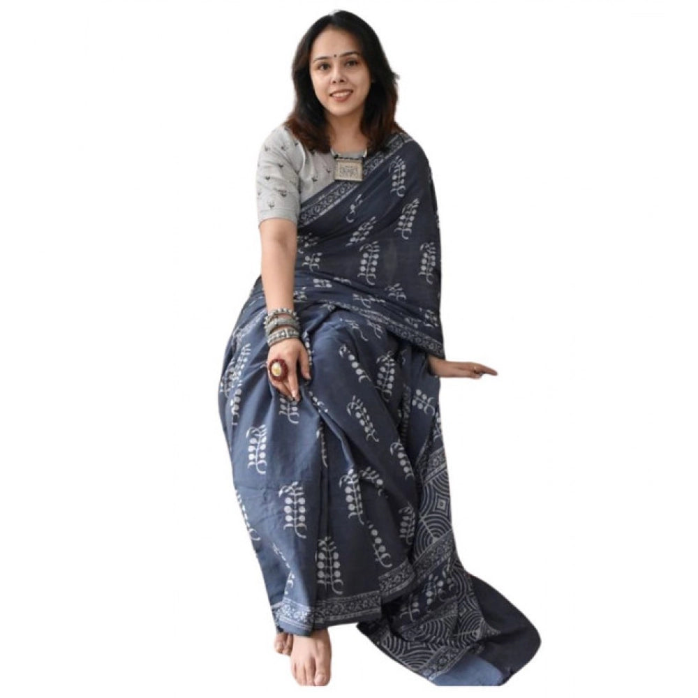 Amfyn Women's Linen Printed Saree With Unstitched Blouse 5.5Mtr (Grey)