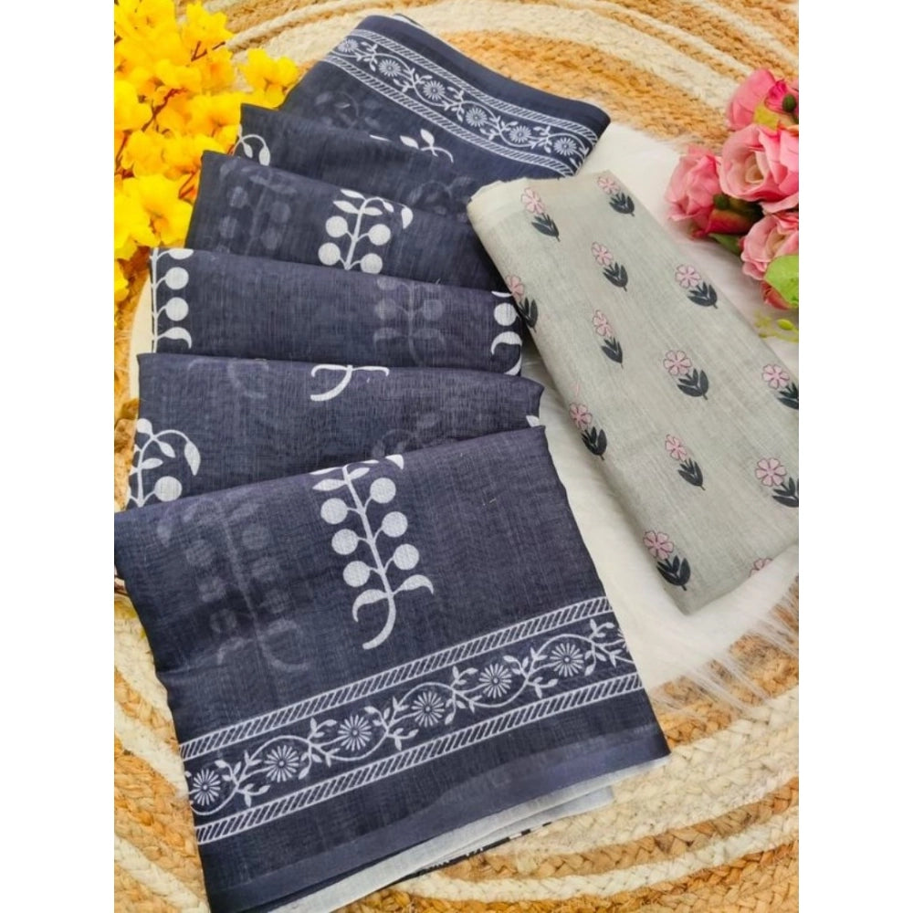Amfyn Women's Linen Printed Saree With Unstitched Blouse 5.5Mtr (Grey)