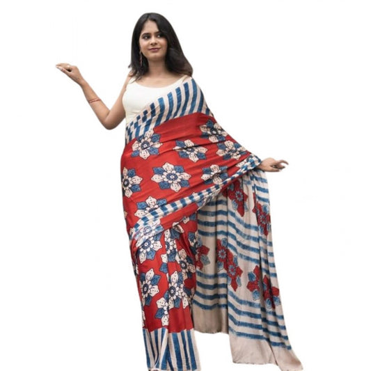 Amfyn Women's Linen Printed Saree With Unstitched Blouse 5.5Mtr (Red)