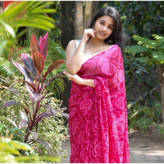 Amfyn Women's Georgette Printed Saree With Unstitched Blouse 5.5Mtr (Pink)