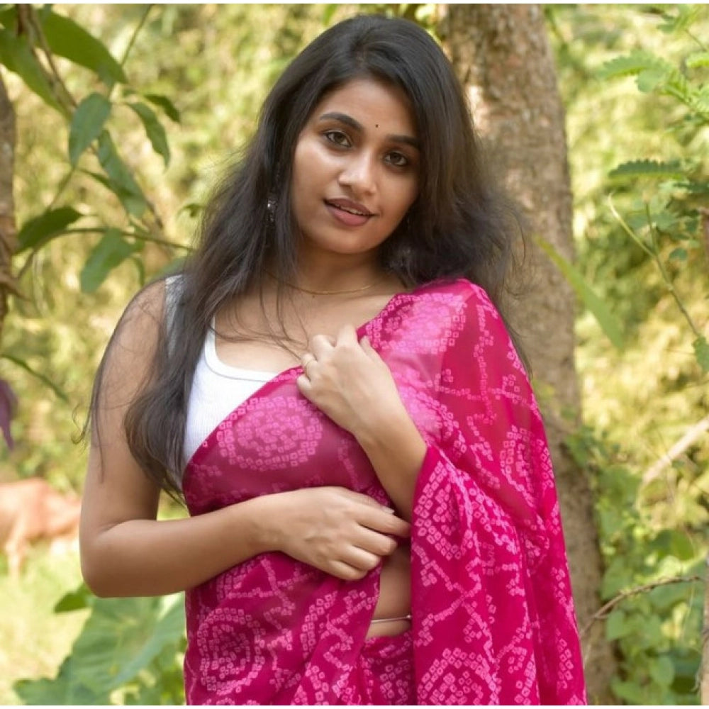 Amfyn Women's Georgette Printed Saree With Unstitched Blouse 5.5Mtr (Pink)