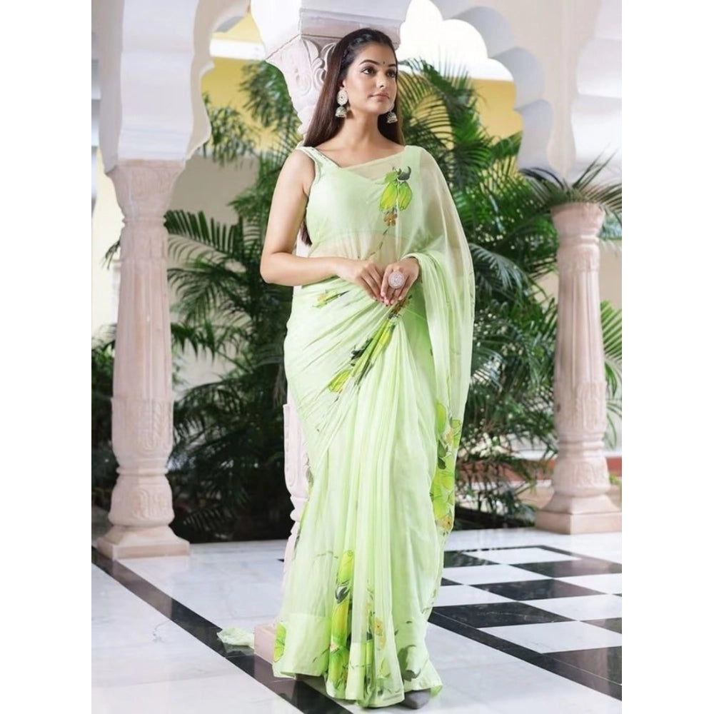 Amfyn Women's Linen Printed Saree With Unstitched Blouse 5.5Mtr (Green)