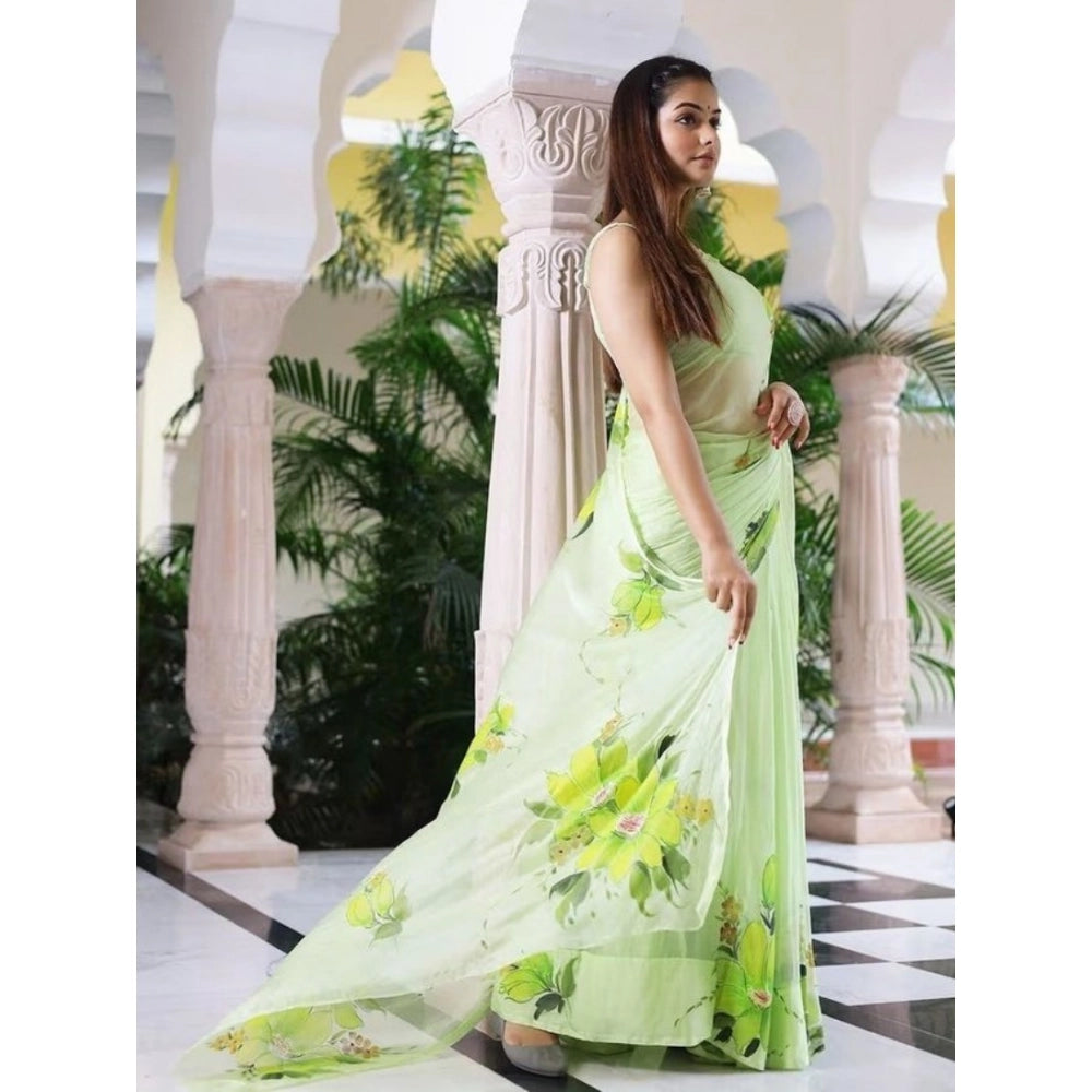 Amfyn Women's Linen Printed Saree With Unstitched Blouse 5.5Mtr (Green)