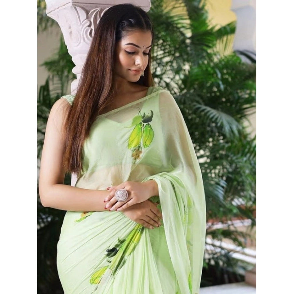 Amfyn Women's Linen Printed Saree With Unstitched Blouse 5.5Mtr (Green)
