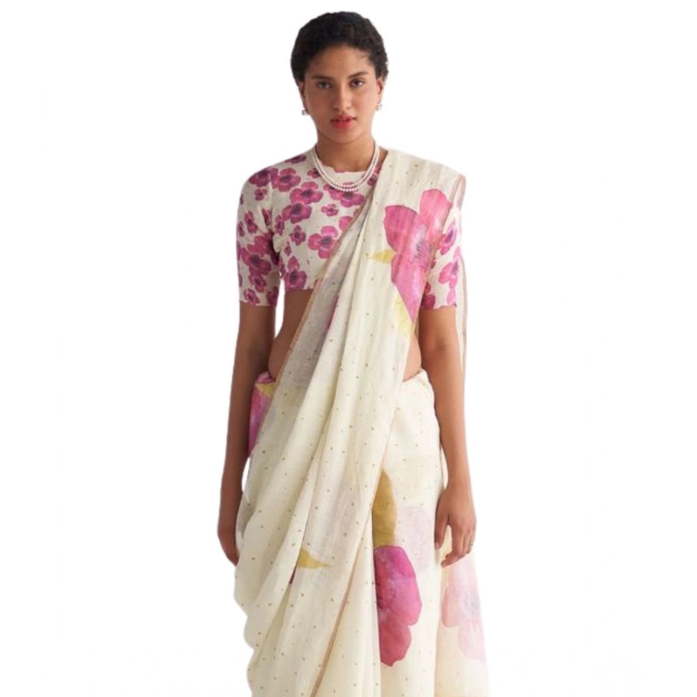 Amfyn Women's Linen Printed Saree With Unstitched Blouse 5.5Mtr (White)
