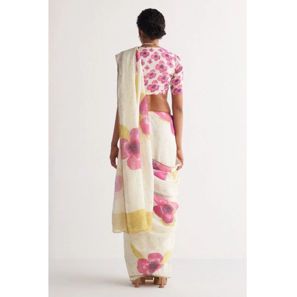 Amfyn Women's Linen Printed Saree With Unstitched Blouse 5.5Mtr (White)