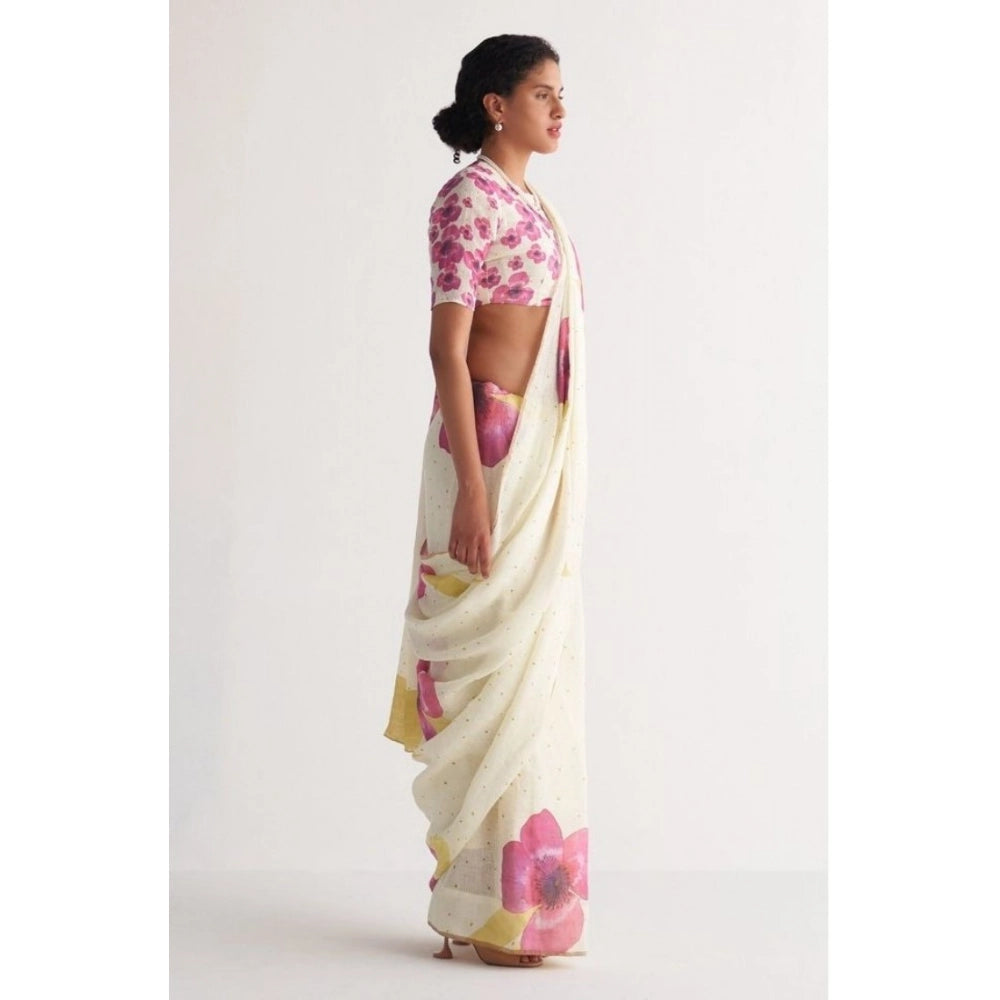 Amfyn Women's Linen Printed Saree With Unstitched Blouse 5.5Mtr (White)