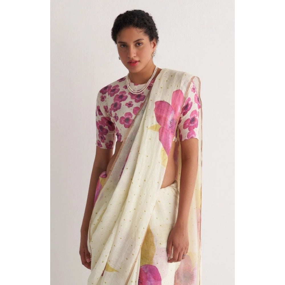 Amfyn Women's Linen Printed Saree With Unstitched Blouse 5.5Mtr (White)