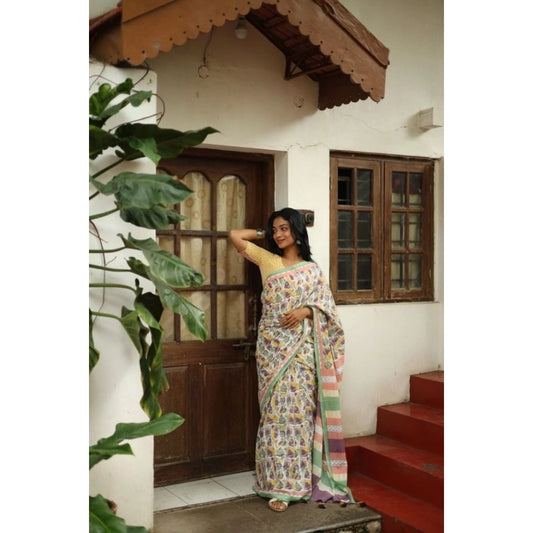 Amfyn Women's Linen Printed Saree With Unstitched Blouse 5.5Mtr (Multicolor)