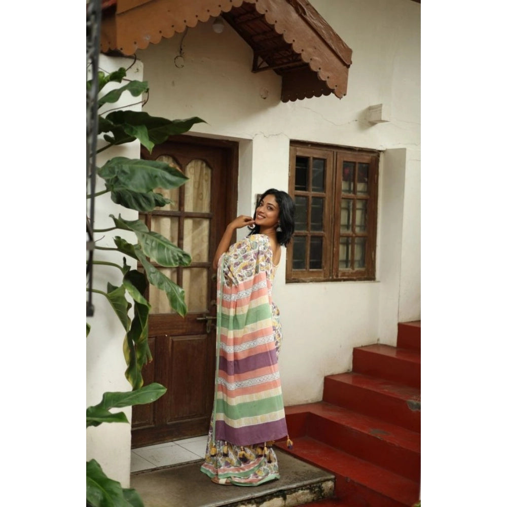 Amfyn Women's Linen Printed Saree With Unstitched Blouse 5.5Mtr (Multicolor)