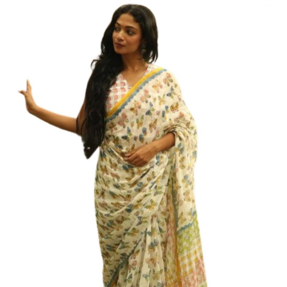 Amfyn Women's Linen Printed Saree With Unstitched Blouse 5.5Mtr (White)
