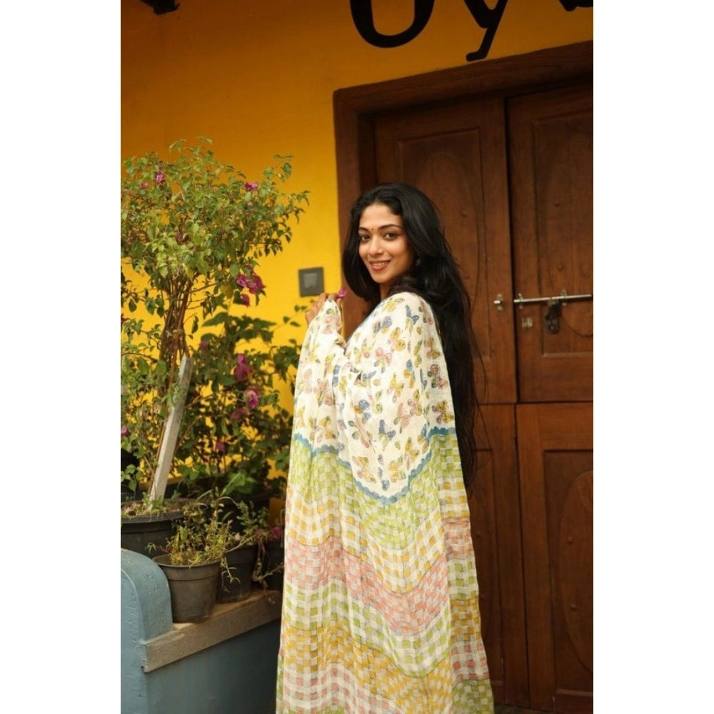 Amfyn Women's Linen Printed Saree With Unstitched Blouse 5.5Mtr (White)