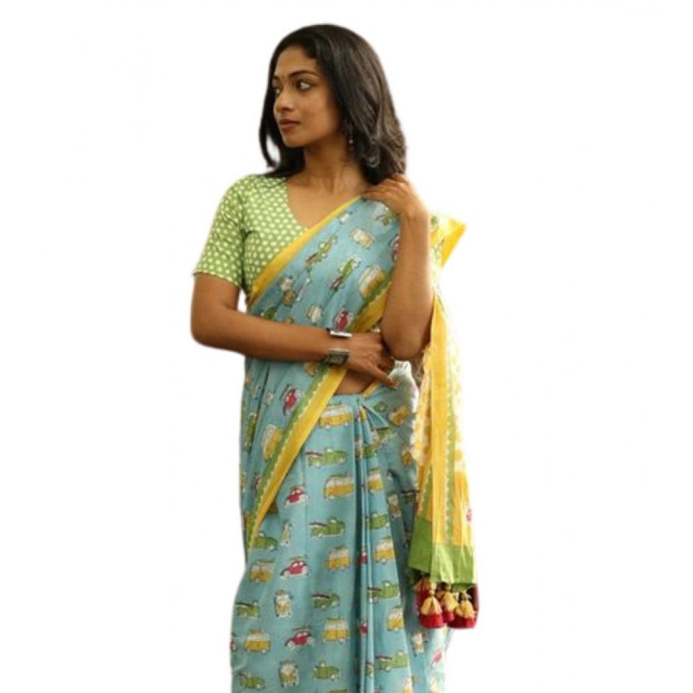 Amfyn Women's Linen Printed Saree With Unstitched Blouse 5.5Mtr (Blue)