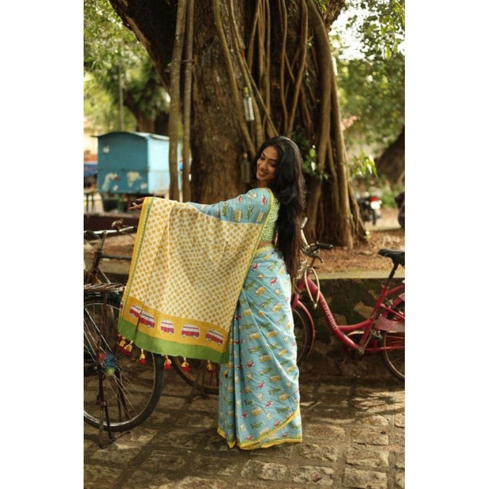 Amfyn Women's Linen Printed Saree With Unstitched Blouse 5.5Mtr (Blue)