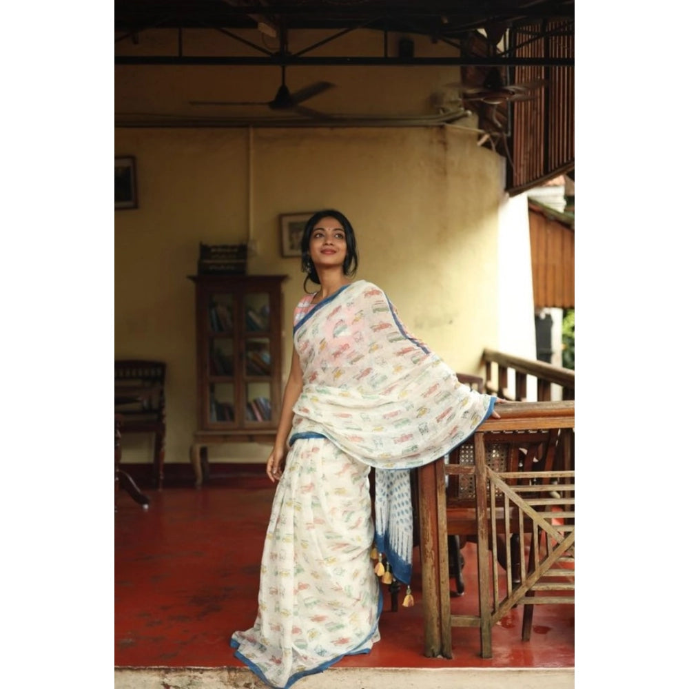 Amfyn Women's Linen Printed Saree With Unstitched Blouse 5.5Mtr (White)
