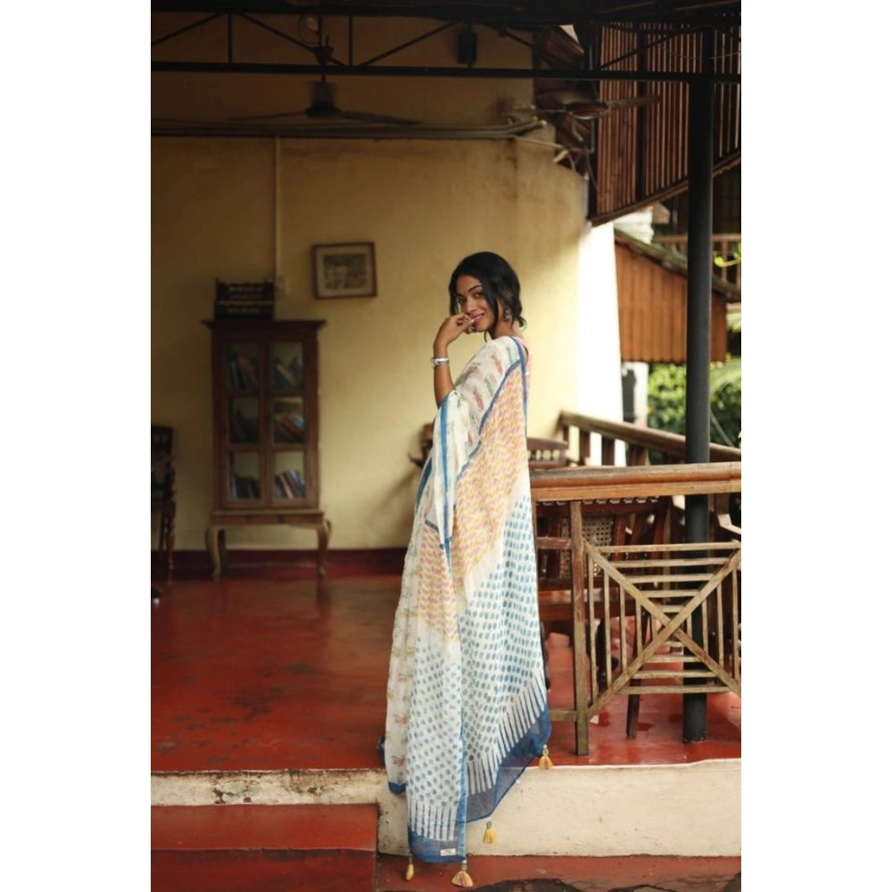 Amfyn Women's Linen Printed Saree With Unstitched Blouse 5.5Mtr (White)
