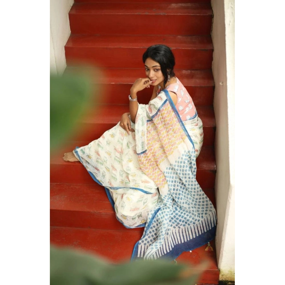 Amfyn Women's Linen Printed Saree With Unstitched Blouse 5.5Mtr (White)