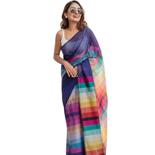 Amfyn Women's Linen Printed Saree With Unstitched Blouse 5.5Mtr (Navy)