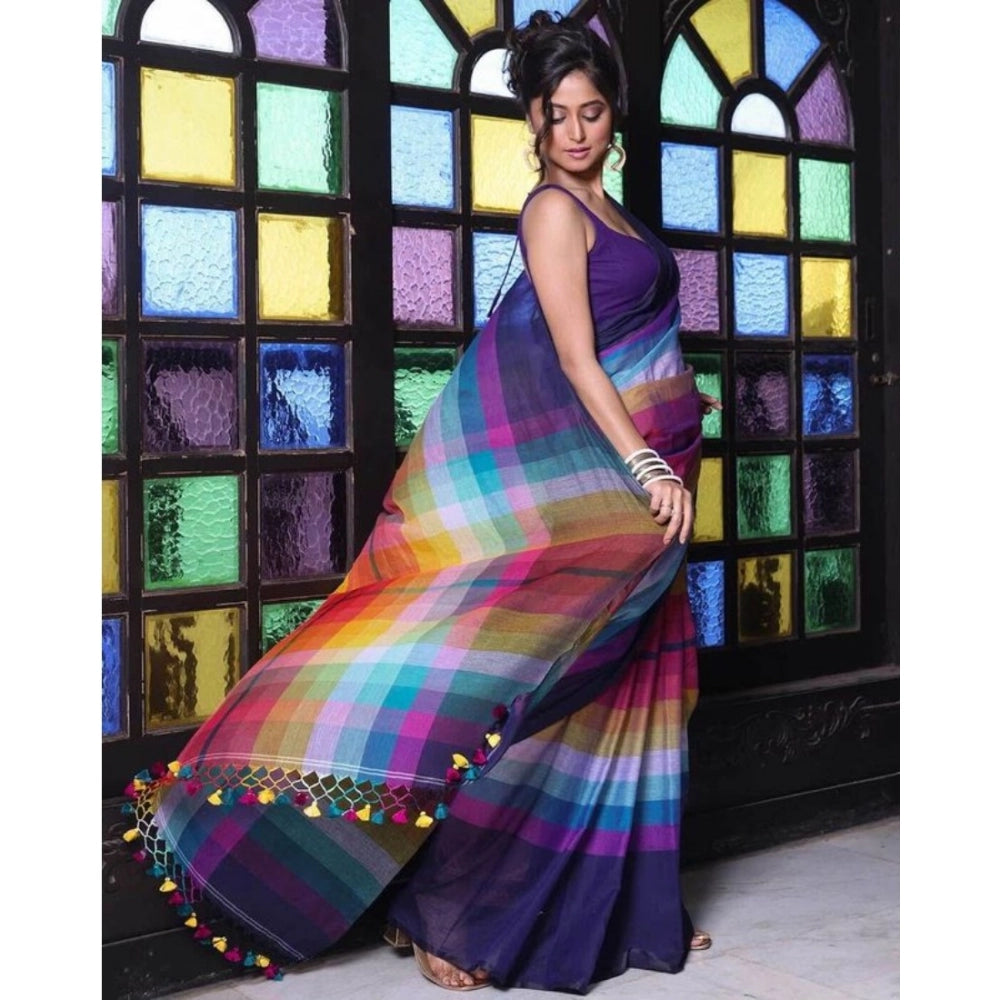 Amfyn Women's Linen Printed Saree With Unstitched Blouse 5.5Mtr (Navy)