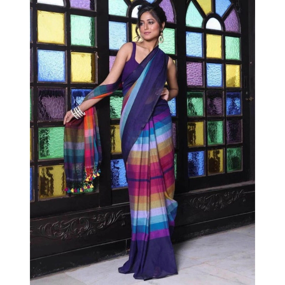 Amfyn Women's Linen Printed Saree With Unstitched Blouse 5.5Mtr (Navy)