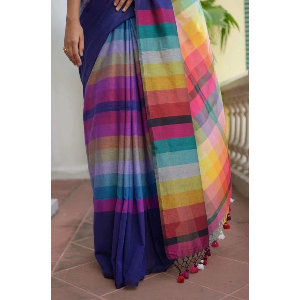 Amfyn Women's Linen Printed Saree With Unstitched Blouse 5.5Mtr (Navy)
