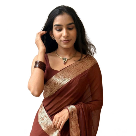 Amfyn Women's Vichitra Silk Printed Saree With Unstitched Blouse 5.5Mtr (Brown)