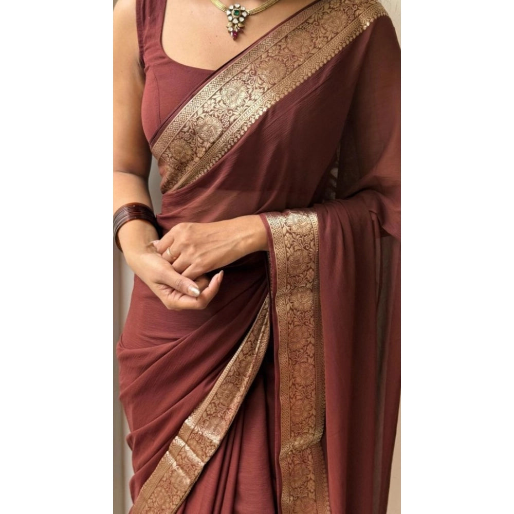 Amfyn Women's Vichitra Silk Printed Saree With Unstitched Blouse 5.5Mtr (Brown)