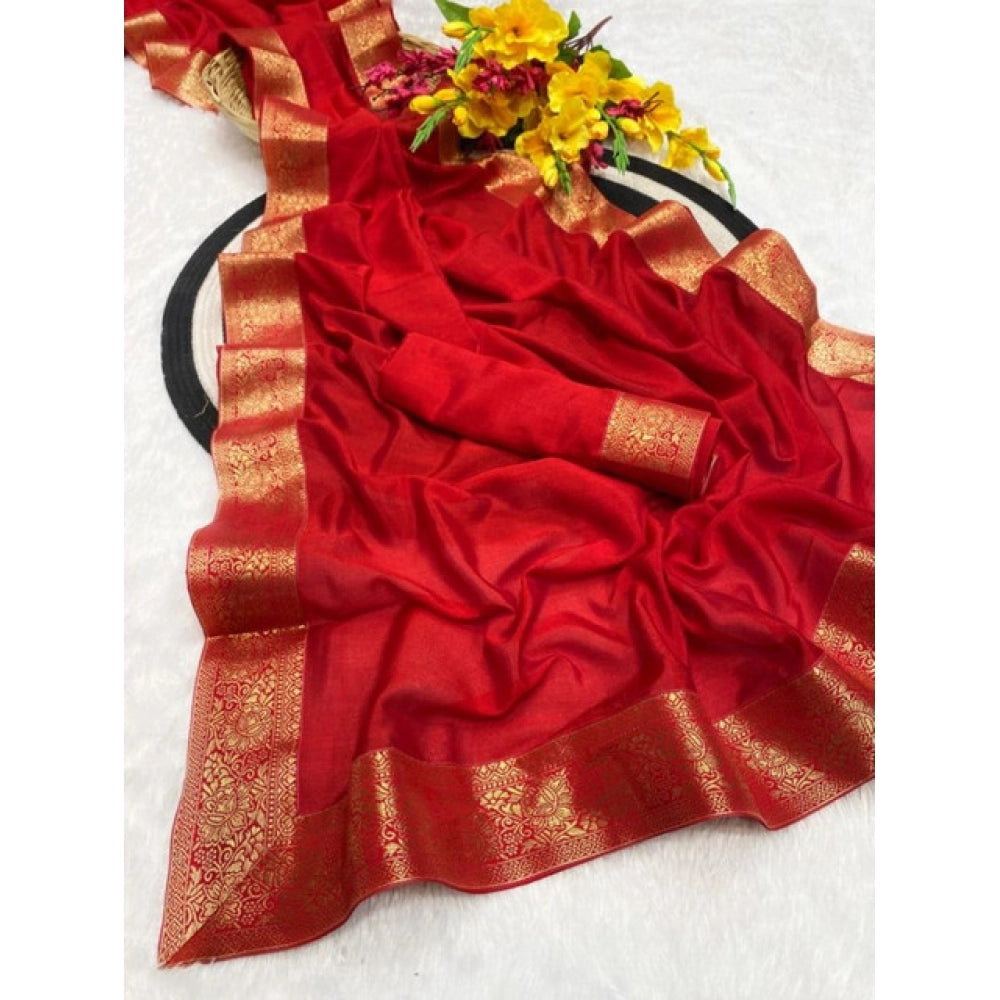 Amfyn Women's Vichitra Silk Printed Saree With Unstitched Blouse 5.5Mtr (Red)